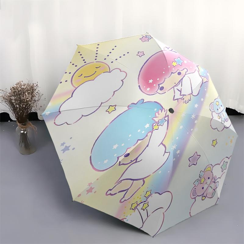 Little Twin Stars, Rainbow Automatic opening and closing folding umbrella with 8 rib frame and compact travel design, perfect for all occasi