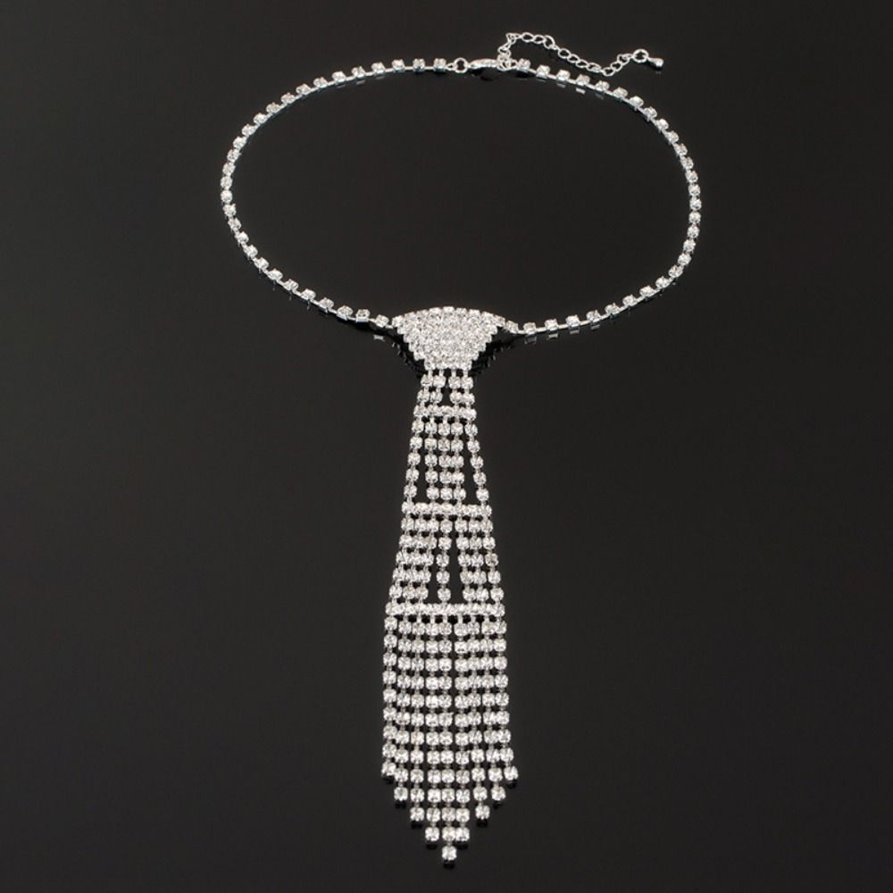 Charm Tie Shape Necklace Exaggerated Crystal Chain Choker Rhinestone Tassel Necklace  Party