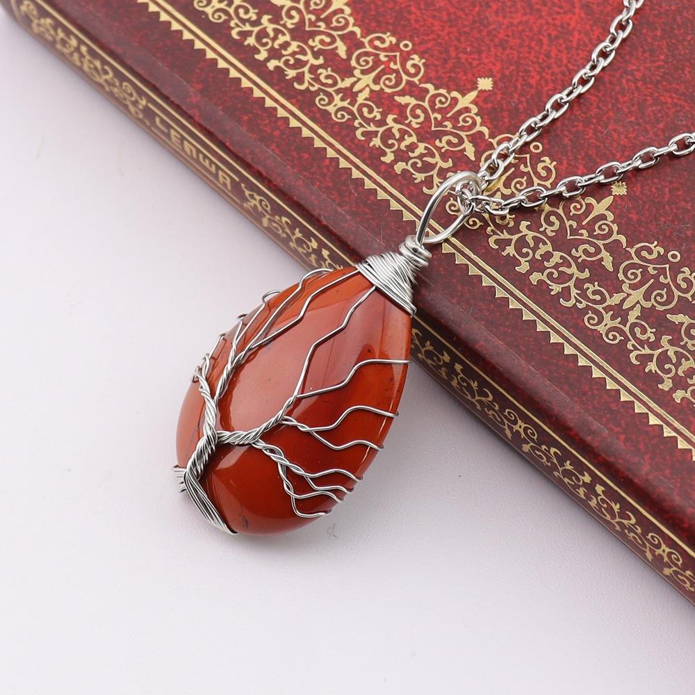 Natural Stone Crystal Agate Water Drop Winding Silk Tree Of Life Pendant Necklace Sweater Chain Water Drop Rough Stone N779