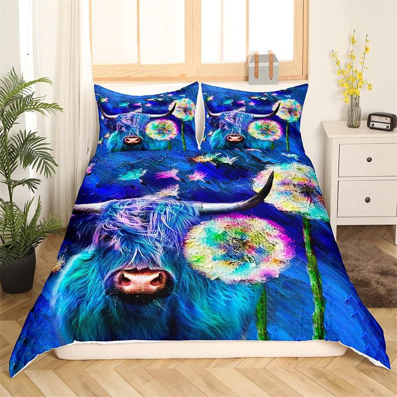Highland Cow Duvet Cover Western Farm Animal Bedding Set Full King For Boys Girls Microfiber Floral Bull Cattle Comforter Cover