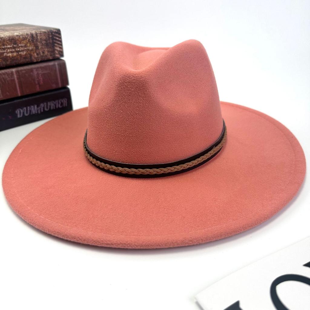 Hot autumn and winter new European and American style monochrome men's and women's belt hats simple woolen flat brim big edge jazz hats