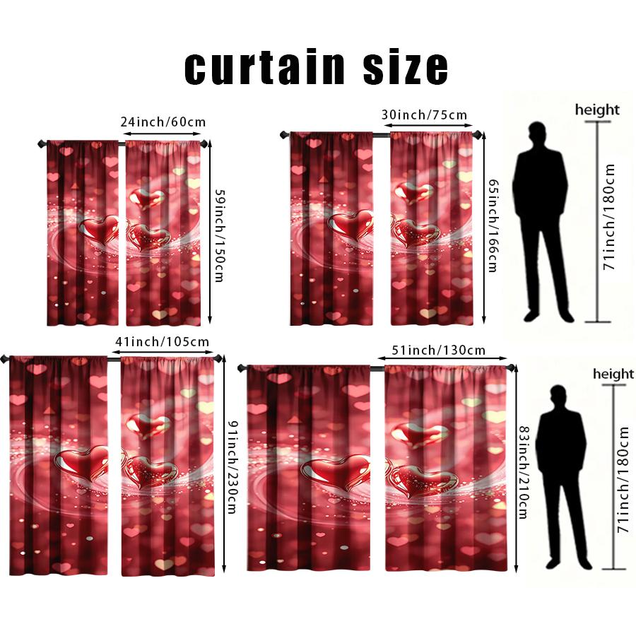 2PCS Red Gold Heart-shaped Curtains   Romantic Style   Bedroom and Living Room   Decorative Curtains with Drawbar Pockets