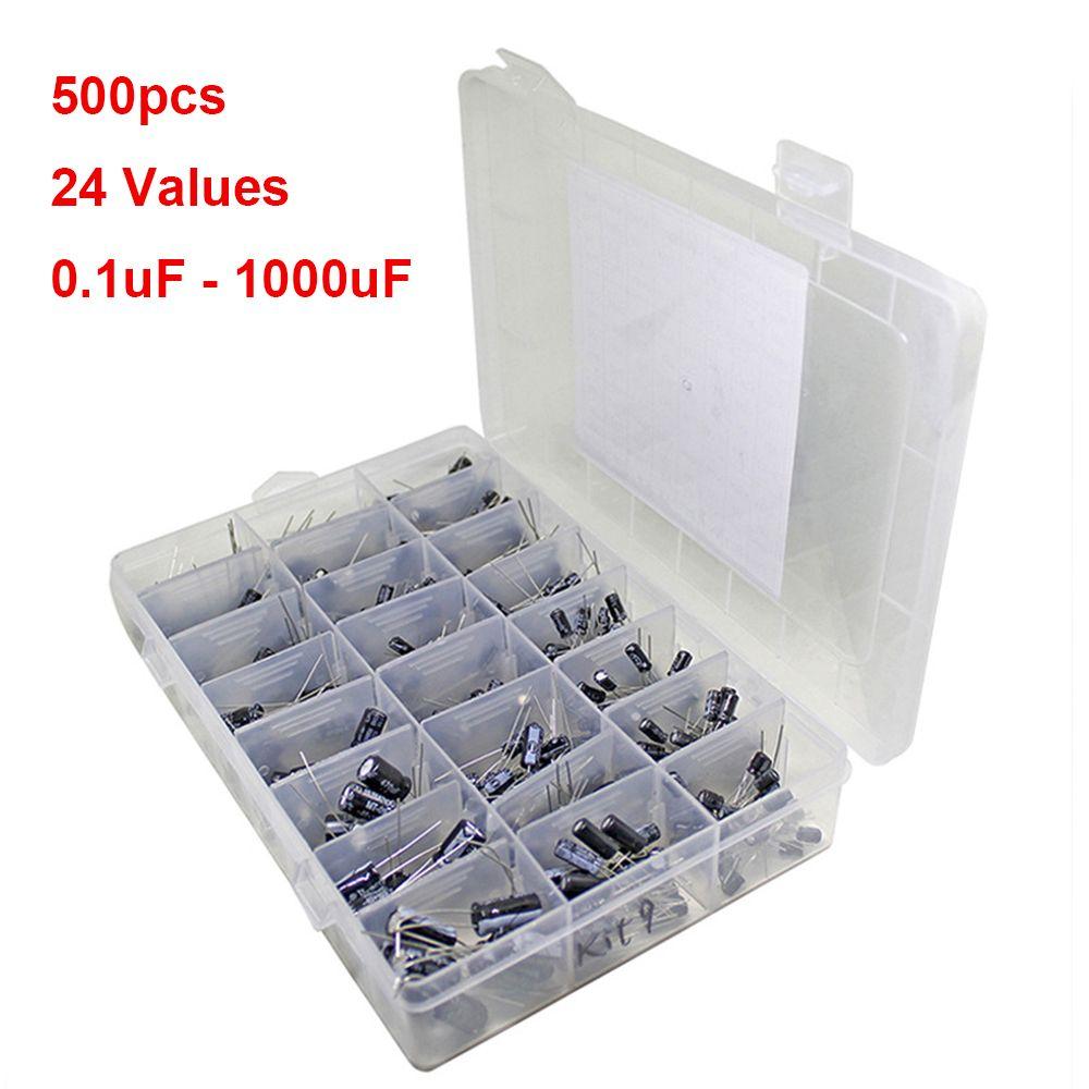 

pack 24 Values 500pcs Electrolytic Capacitor Capacitors 0.1uF - 1000uF Assortment Kit set box чорний