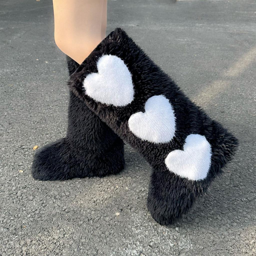 IPPEUM Knee High Fur Boots Heart 2025 New Shoes Plus Size 44 Plush Long Boots
