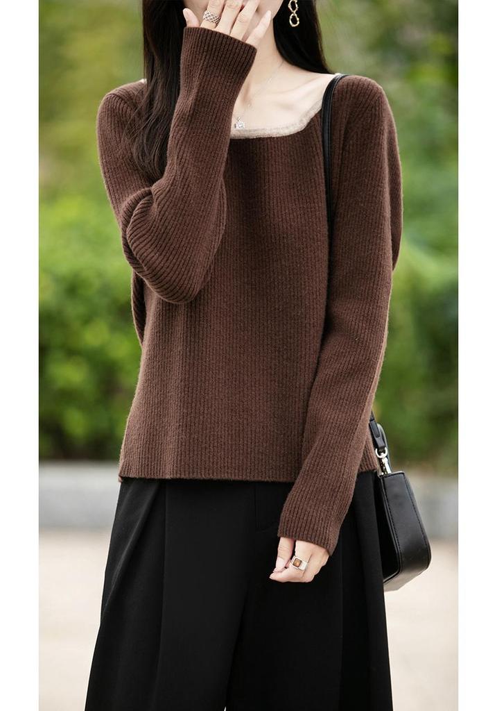 Solid Color Retro Wool Sweater - Long Sleeve Square Neck Knit Top for Women