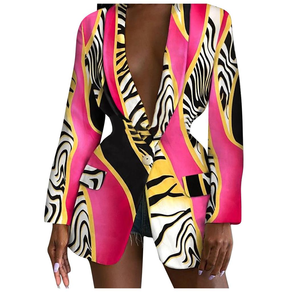 Women Fashion Long Sleeve Print Color Coat Open Front  Suit Jacket
