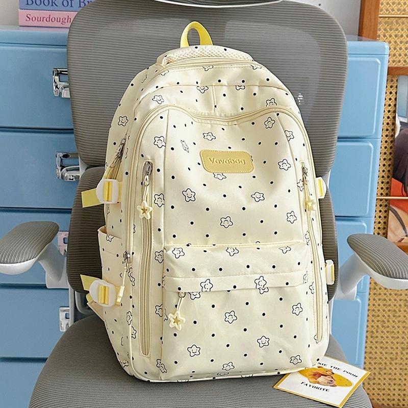 Schoolbag, cherry blossom pink Korean fresh school bag, Japanese princess versatile cute star print backpack, middle and high school backpack