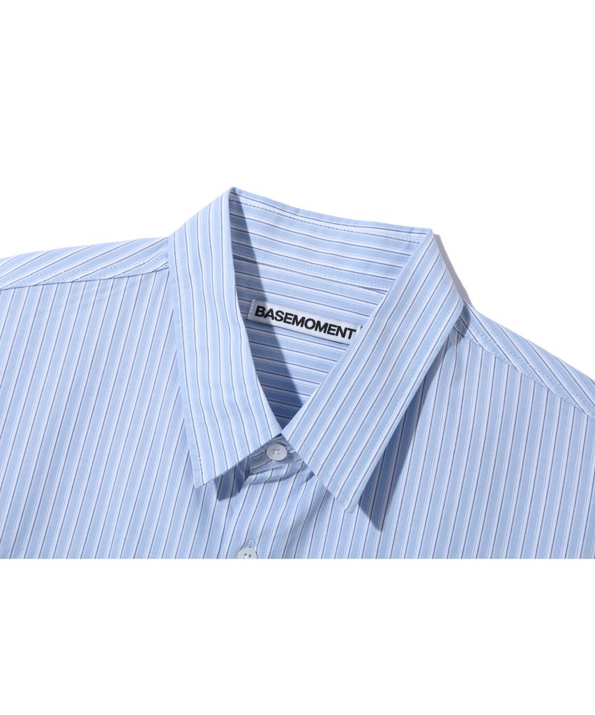 BASEMOMENT Hidden Pocket Striped Crop Half Shirt Sky Blue