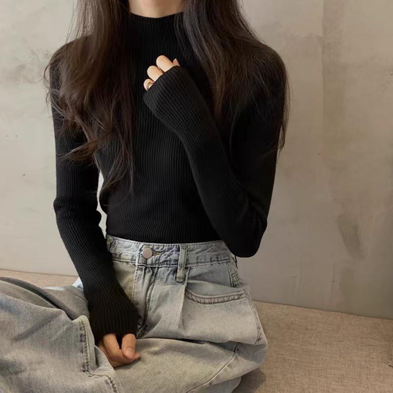 Women's 2026 Autumn Slim Fit Black Knit Long-Sleeve Half-High Neck Sweater