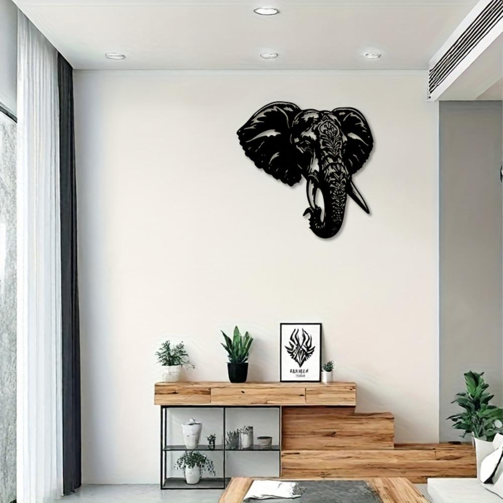 Metal Elephant Head Wall Art, Tusked Design, Black Decor for Living Room Bedroom Bar, Minimalist Home Gift
