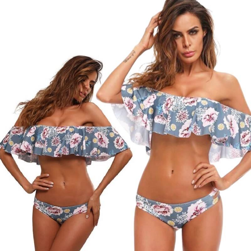 Sexy schulterfreier Bikini mit Rüschenkanten und floralen Akzenten Hochwertiges Polyester-Material