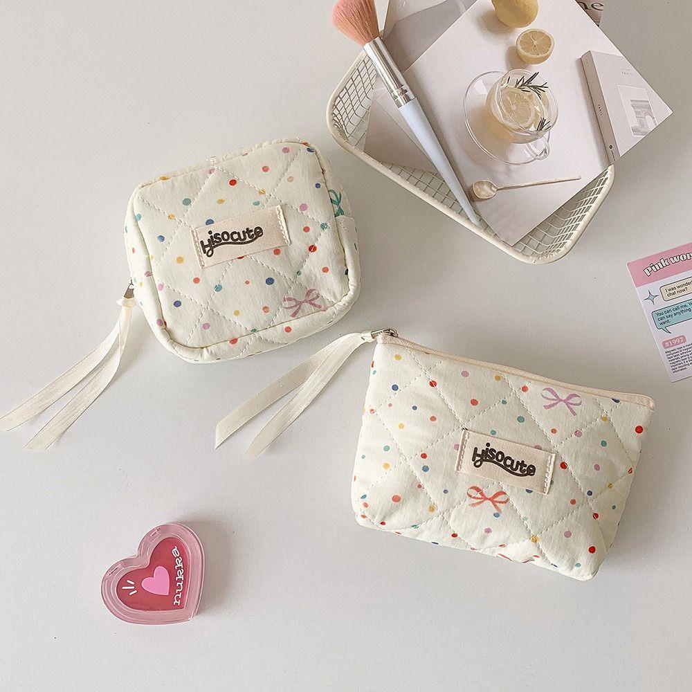 Portable Bowknot Sanitary Napkins Storage Bag Colorful Dots Large Capacity Cosmetic Bag Data Cables Organizer for Women Girls