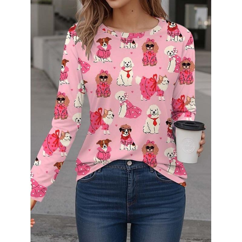 Spring and Autumn Fashion 3D Dog and Cat Printed Top Round Neck Long Sleeve Women's T-shirt