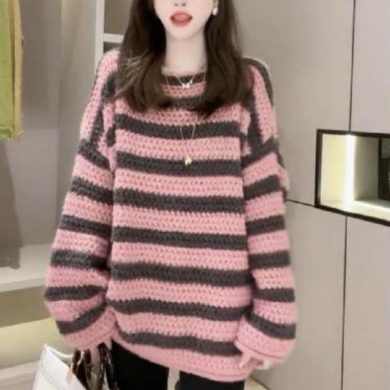 French Stripe Round Neck Long Sleeved Knitwear Women 2022 Winter New Loose Temperament Casual Casual Sweater Pullover Female Top