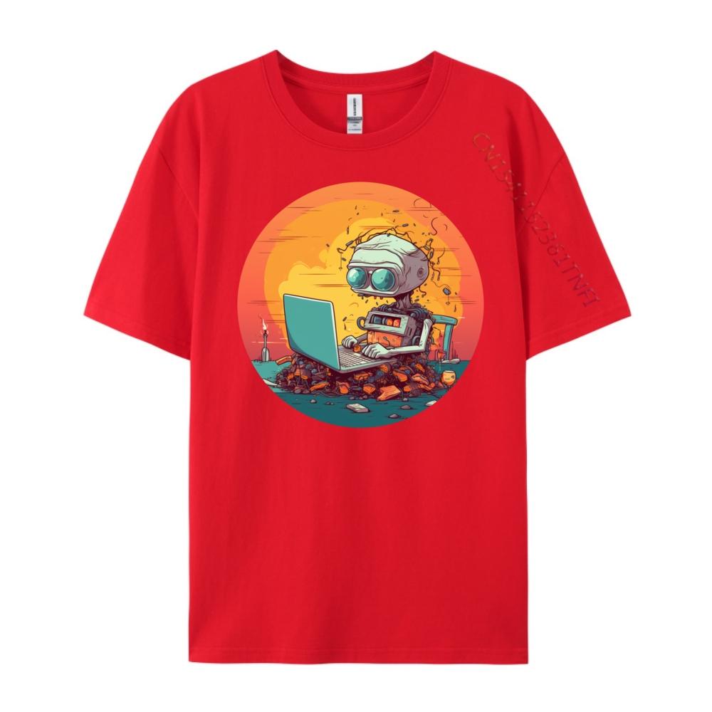 Funny Smart Ai Robot With Laptop For Portable Computer Fans Black Graphic T Shirts Autumn Mens Cotton TShirt Halloween