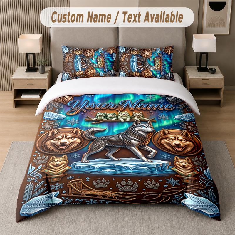 Wolf Fuchs Thema Benutzerdefinierter Text Oder Name 3-teiliges Bettwäsche-Set 1 Spannbettlaken & 2 Kissenbezüge Personalisierte Heim-Bettwäsche