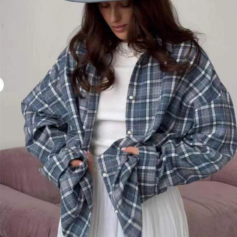 Autumn Plus Plaid Shirt Long Sleeved Lapel Button Loose Casual Shirt Blouses & Shirts