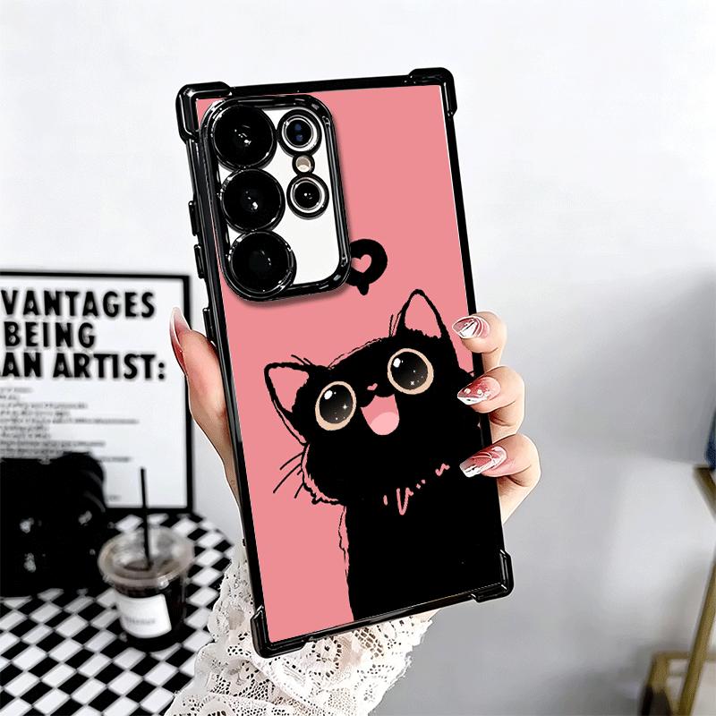 Black Cat Cartoon Cute Plating Phone Case For Samsung Galaxy S24 S25 FE S26 Edge S23 Ultra S22 S21 Plus S20 Anti-Fall Airabag Co