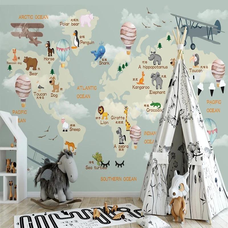 3d Cartoon Wallpaper World Map Wallpaper Children's Living Room Bedroom Background Wall Mural