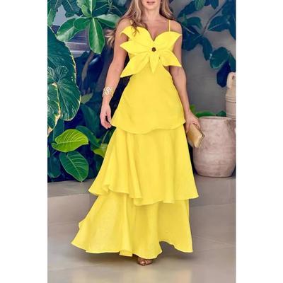 Sexy Elegant Hollow Out Ruffle Party Dress Summer Flower High Street Slim Long Dresses Fashion Chic Sweet Backless Beach Clothing