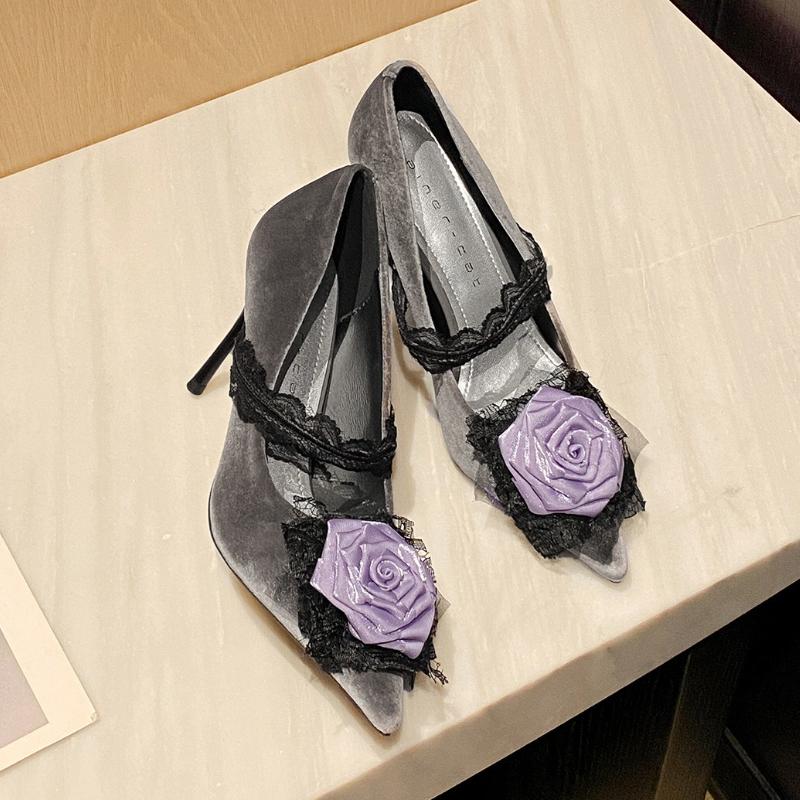 Fashion Sexy Pointed Toe Purple Flower Lace Decorative Pumps Women High Quality Faux Suede Designer Shoes Elegant Wedding Bridal Shoes