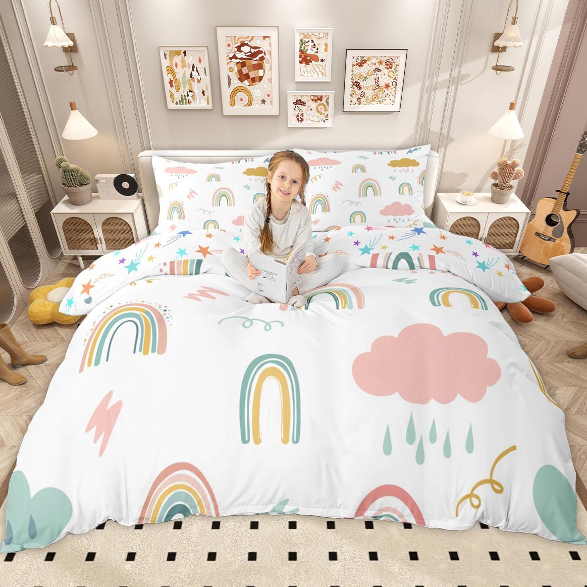 

Comforter Homewish Girls Rainbow Kawaii Stars Bedding Cartoon Polka Dots Florals Comforter Set Comforter (quilt)-EU Single(135*200cm)3pcs