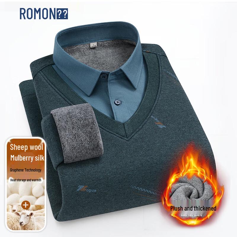 ROMON Men's Faux Two-Piece Wool Silk Blend Patterned Sweater