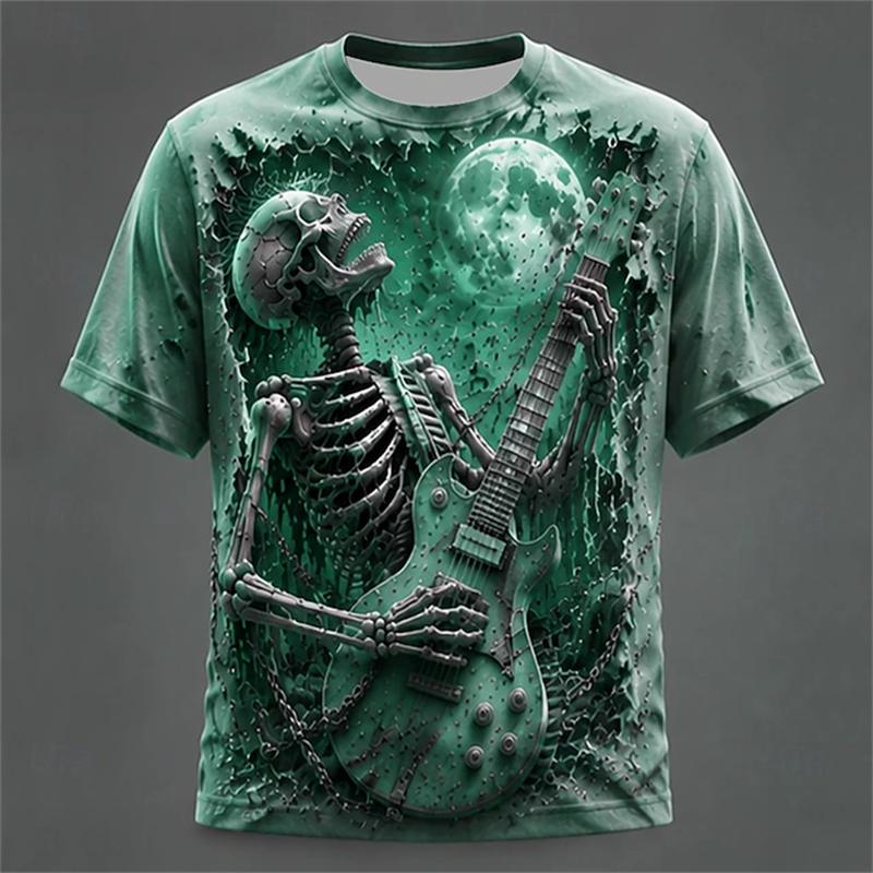 2026 Summer 3D Skull Print with Fire Pattern Men's T-Shirt - Stylish Round-Neck Short-Sleeve T-Shirt - Spooky Halloween Top
