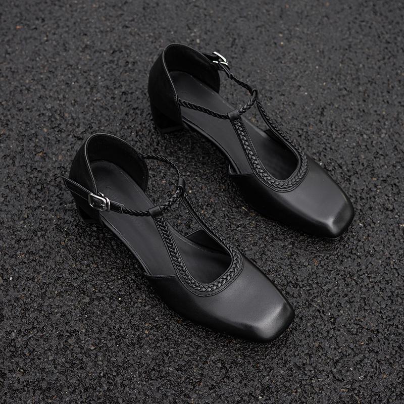 Fashion Fashion Women Genuine Leather Thick Heels Pumps Slingbacks 2025 Summer Shoes Square Toe Leather Party Wedding Shoes Woman Pumps