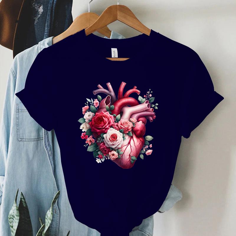 Watercolor Heart Floral Tshirt Women Funny Anatomical Graphic Tee Shirt Top Aesthetic Vintage Women Cardiology Nursing Tshirts