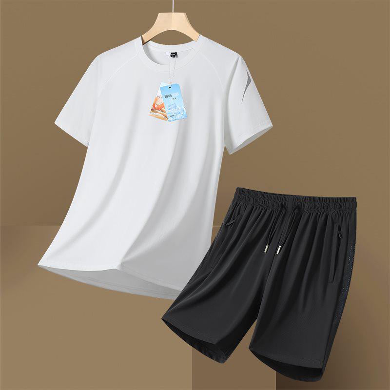 Men's Summer Ice Silk Sports Suit - Casual Two-piece Short Sleeve T-shirt & Shorts Set for All Ages.