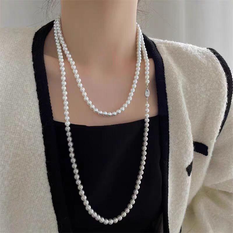 French Pearl Layered Sweater Chain: Women's High-End Starry Necklace for Chic Style