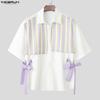 INCERUN Oversized Men Lapel Short Sleeve Crochet Patchwork Bow Casual Loose Shirts Tops