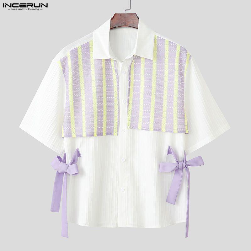 INCERUN Oversized Men Lapel Short Sleeve Crochet Patchwork Bow Casual Loose Shirts Tops