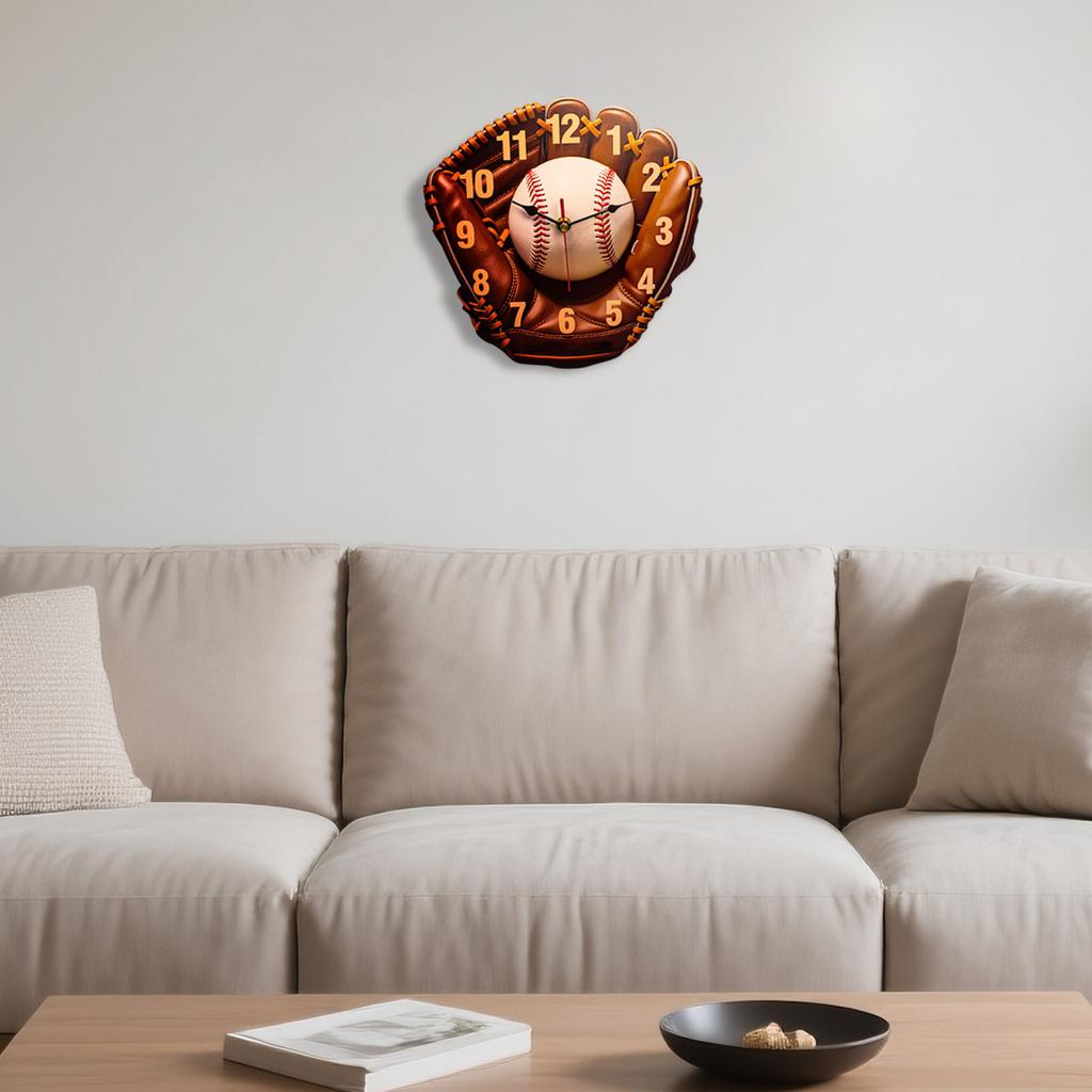 Baseball Glove Wall Clock, Wood Printing, Silent Hands, Uses AA Batteries (Not Included), Brown Leather Design, Living Room, Bedroom, Decor