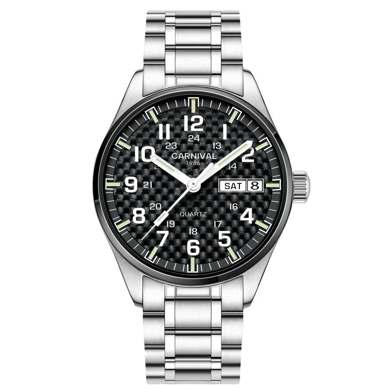 CARNIVAL Brand Watches Men Luminous Tube Waterproof Sport Men's Quartz Watch Man Stainless Steel Strap Reloj Hombre