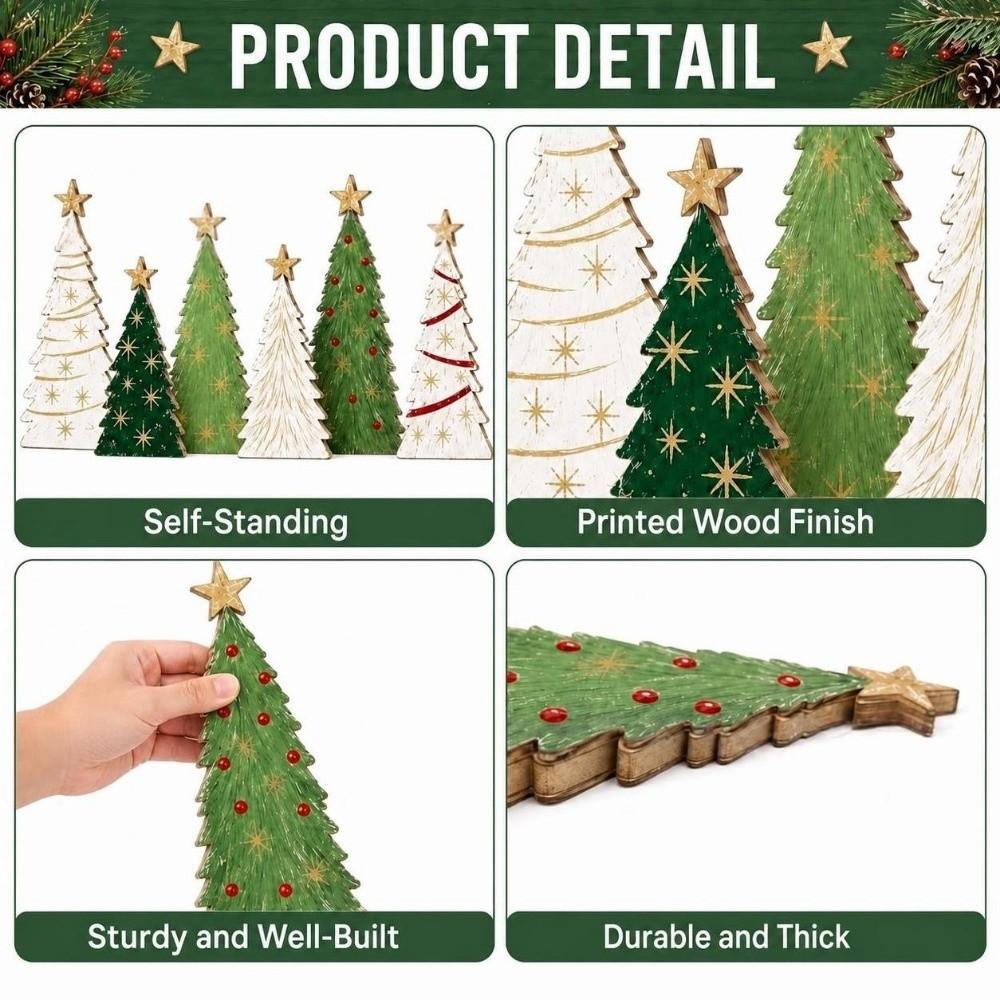 Multicolor Christmas Desktop Ornament Wood Xmas Tree Tabletop Decoration Photo Props Deer Snowflake Scene Decorative Ornaments