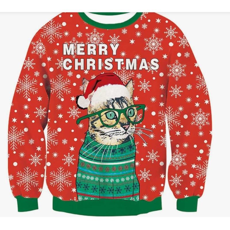 Christmas Pattern Cute Cat Dog Surroundings Autumn Winter Long Sleeved Fashionable Casual Loose Women's Pullover