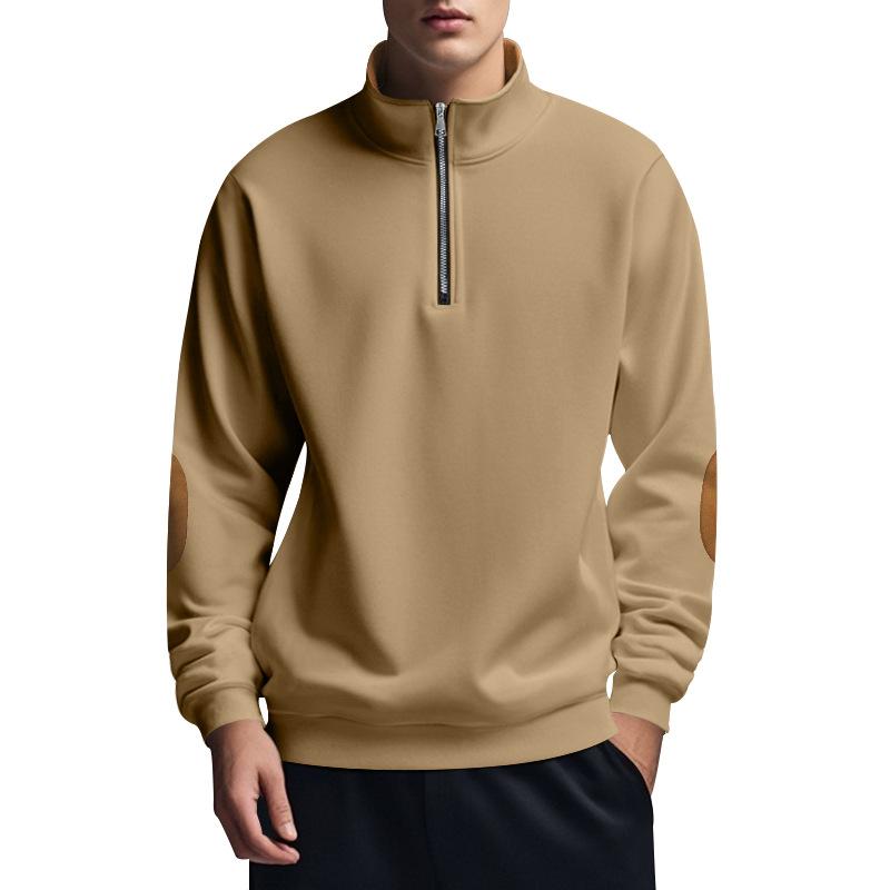 Bluză sport bărbătească cu fermoar scurt, guler de culoare contrastantă, patch-uri la coate, pulover, casual, largă, ușoară, din fleece, pentru purtare zilnică