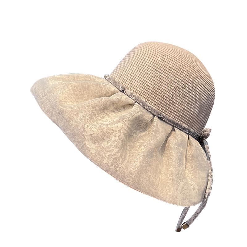 New pleated lace fashionable and elegant straw hat women's spring summer sun protection face small sun hat gentle fake bucket hat