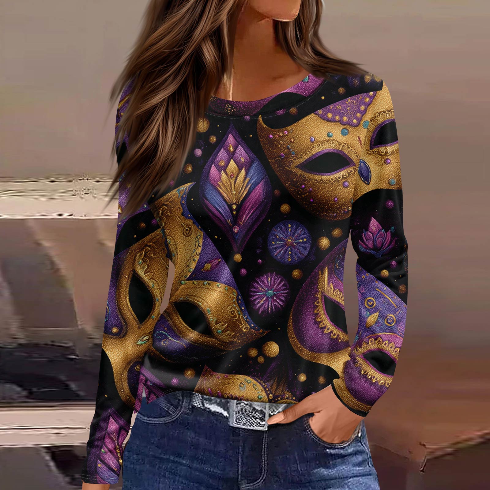 

Женская модная повседневная футболка с длинным рукавом, разрезом по подолу и принтом в карнавальном стиле L