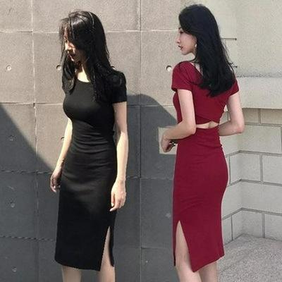 Falda Coreana de Cadera Sexy Midi con Abertura de Manga Corta y Espalda Descubierta para Mujer Primavera/Verano 2025