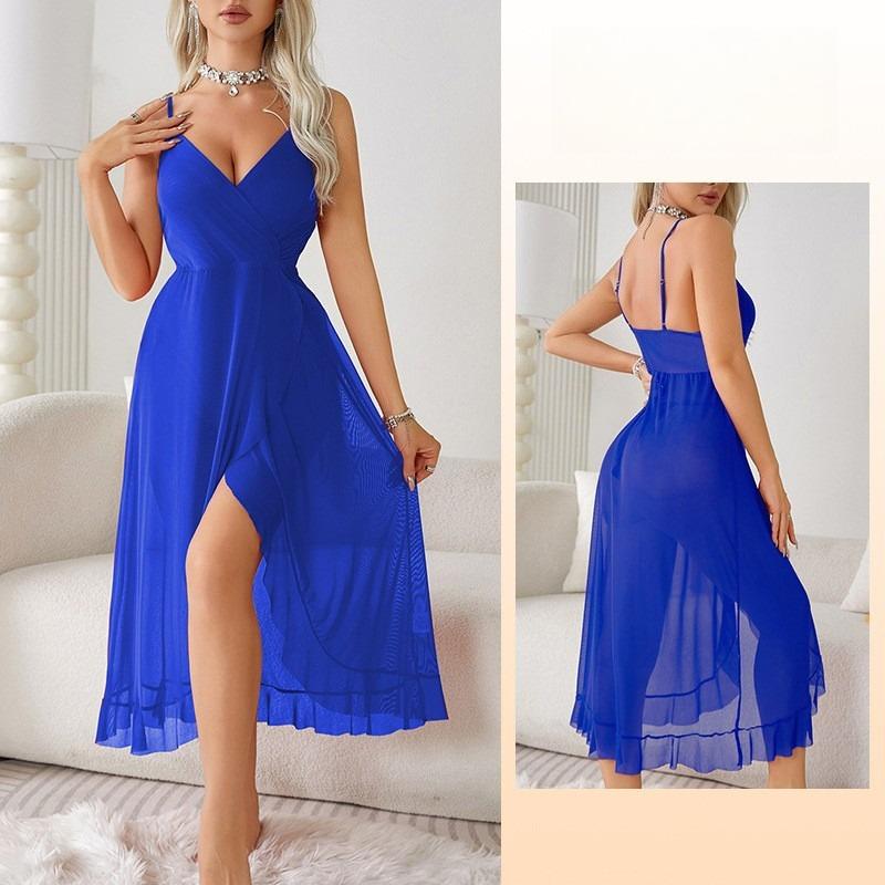 Elegantes V-Ausschnitt Nachthemd mit hohem Schlitz, rückenfrei, ärmellos, sexy Cami, Damen-Loungewear 683, anspruchsvolle, schmeichelhafte Nachtwäsche für selbstbewusste Frauen