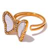 Yhpup Exquisite Natural Shell CZ Stainless Steel Butterfly Ring Inlaid Cubic Zirconia Gold Color Fashion Jewelry Accessories