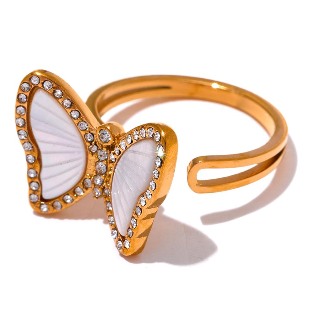 Yhpup Exquisite Natural Shell CZ Stainless Steel Butterfly Ring Inlaid Cubic Zirconia Gold Color Fashion Jewelry Accessories 7