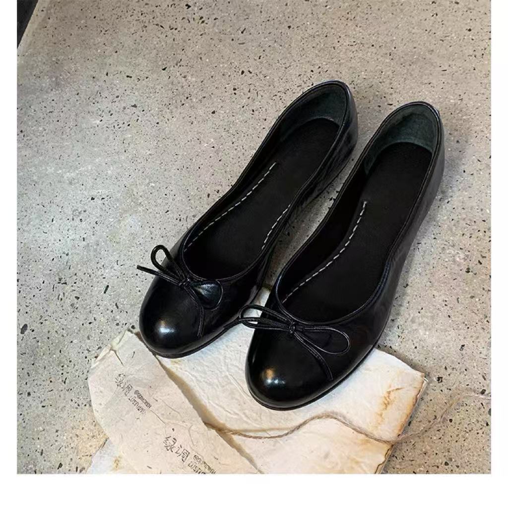 Super soft horse leather~ French leather retro bow single shoes women's autumn new flat bottom shallow mouth ballet Mary Jane shoes