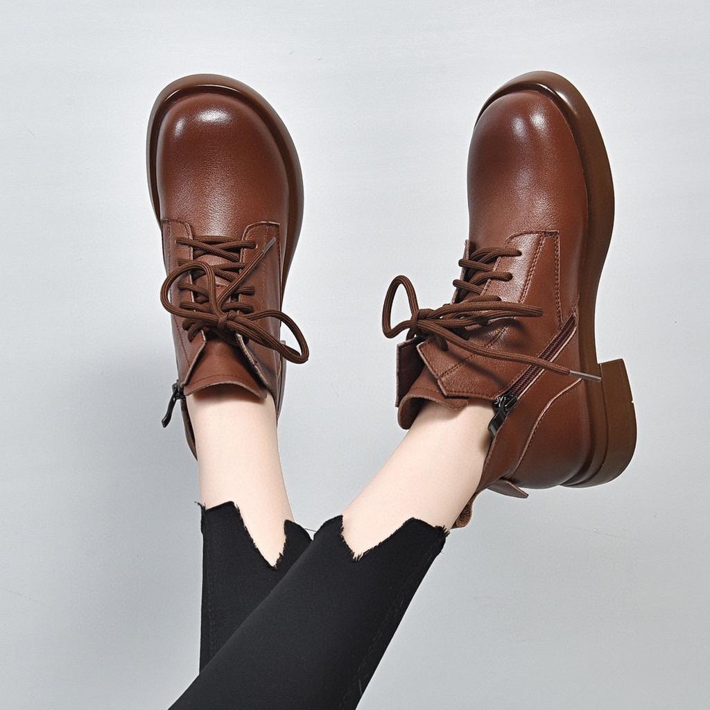 Round head short boots women's boots autumn new flat bottom lace-up Martin boots first layer cowhide comfortable women's leather boots