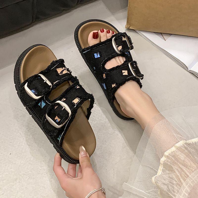Fashion versatile retro casual double slippers women's flat bottom round head open toe cool slippers women's 2025 summer new