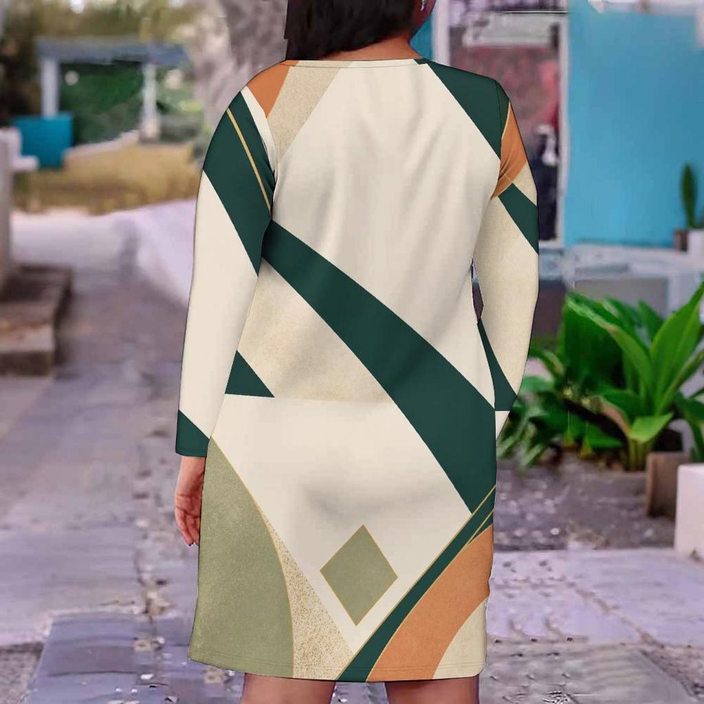 Women Plus Size V Neck Long Sleeve Printed Fitted Straight Hem Dress