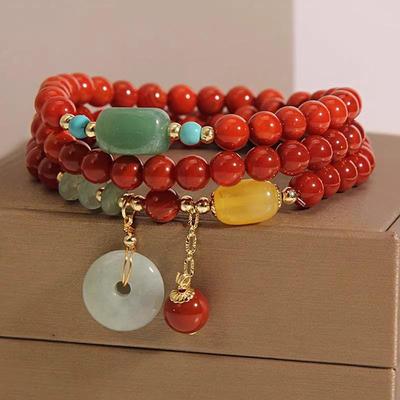 Women's Retro Ethnic Style Red Agate Beaded Bracelet with Jade Pendant